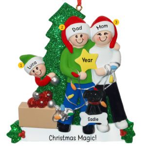 Family Of 3 Holding STAR With Pet Glittered Tree Ornament