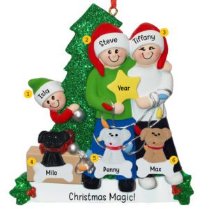 Family Of 3 Holding STAR With 3 Pets Glittered Tree Ornament