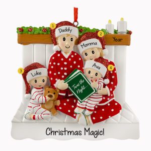Personalized Family Of 4 Reading In Bed Glittered Caps Ornament
