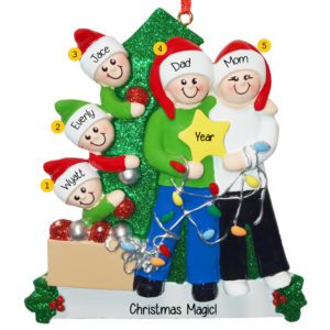 Image of Festive Family Of 5 Holding STAR Glittered Tree Ornament