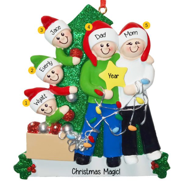 Festive Family Of 5 Holding STAR Glittered Tree Ornament