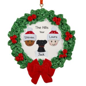 Personalized Interracial Couple With Pet Glittered Wreath Ornament