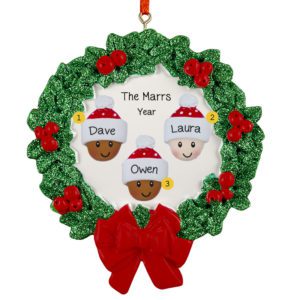 Personalized Multiracial Family Of 3 Glittered Wreath Ornament