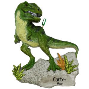 Personalized Green T-Rex Dinosaur On Rock Ornament