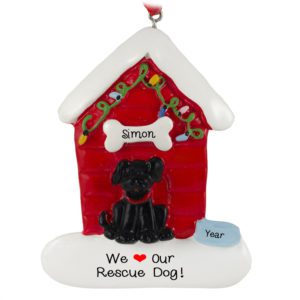 Personalized BLACK Dog In Festive Red Dog House Ornament