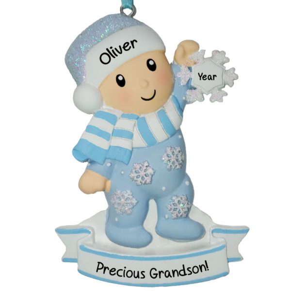 Personalized Grandson Holding Glittered Snowflake Ornament BLUE