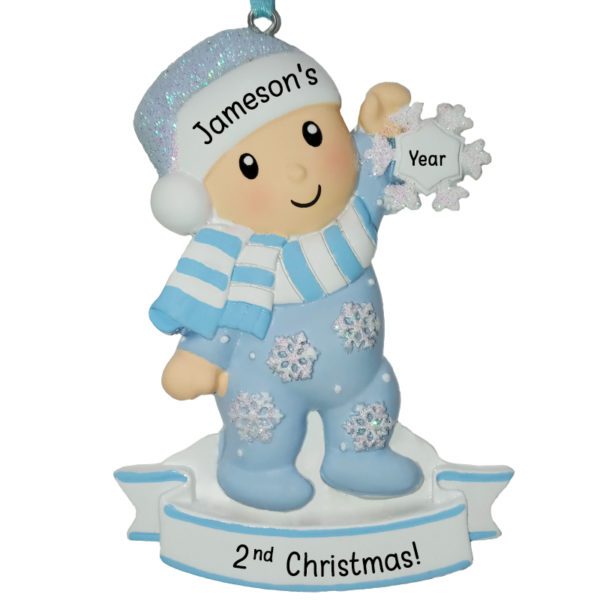 Personalized Baby BOY'S 2nd Christmas Glittered Snowflake Ornament BLUE