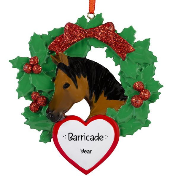 Personalized Brown Horse In Glittered Wreath Oranment