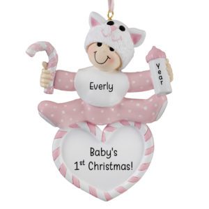 Personalized GIRL'S 1st Christmas Baby On Heart Ornament PINK