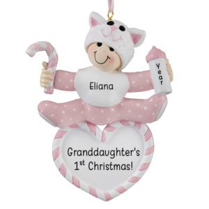 Personalized Granddaughter's 1st Christmas Baby On Heart Ornament PINK