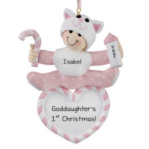 Personalized Goddaughter's 1st Christmas Baby On Heart Ornament PINK