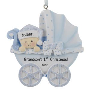 Grandson's 1st Christmas Polka Dotted Carriage Glittered Ornament BLUE