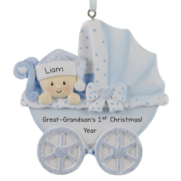 Great-Grandson's 1st Christmas Polka Dotted Carriage Glittered Ornament BLUE