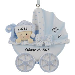Baby BOY'S Polka Dotted Carriage Birth Statistics Glittered Ornament BLUE