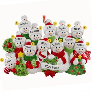 Personalized Snowman Family Of 12 Glittered Greenery Ornament