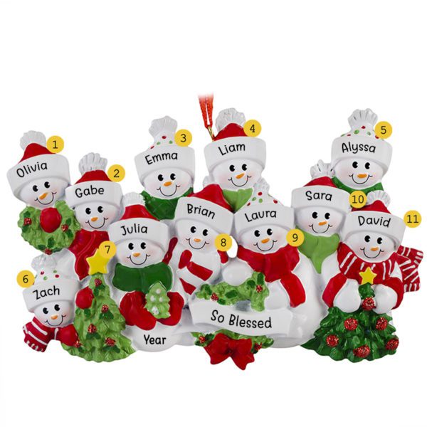Image of Personalized Snowman Grandparents And 9 Grandkids Glittered Greenery Ornament