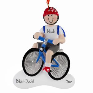 Image of BOY With Red Helmet Riding Bike With Backpack Ornament