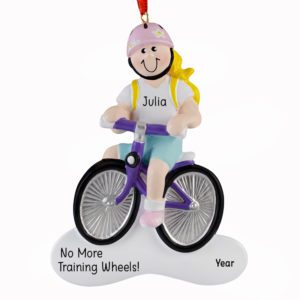 Image of GIRL Riding PURPLE Bike With Yellow Backpack Ornament BLONDE