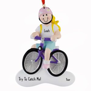 Image of GIRL Riding PURPLE 2-Wheeler Bike With Backpack Ornament BLONDE