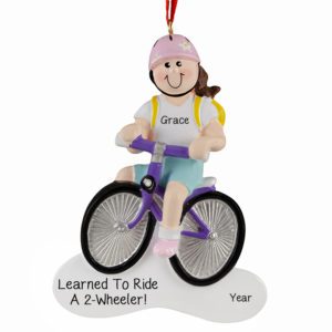 Personalized GIRL On PURPLE Bike With Backpack Ornament BRUNETTE