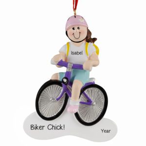 GIRL Riding PURPLE Bike With Yellow Backpack Ornament BRUNETTE