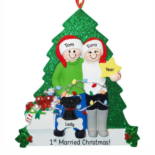 Personalized 1st Married Christmas Couple And Pet Glittered Tree Ornament