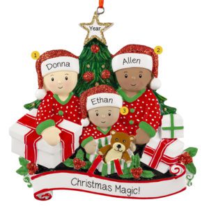 Mixed Race Family of 3 Opening Presents By Tree Personalized Ornament