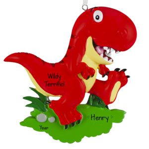Image of Personalized Terrific Kid RED T-Rex In Grass Ornament