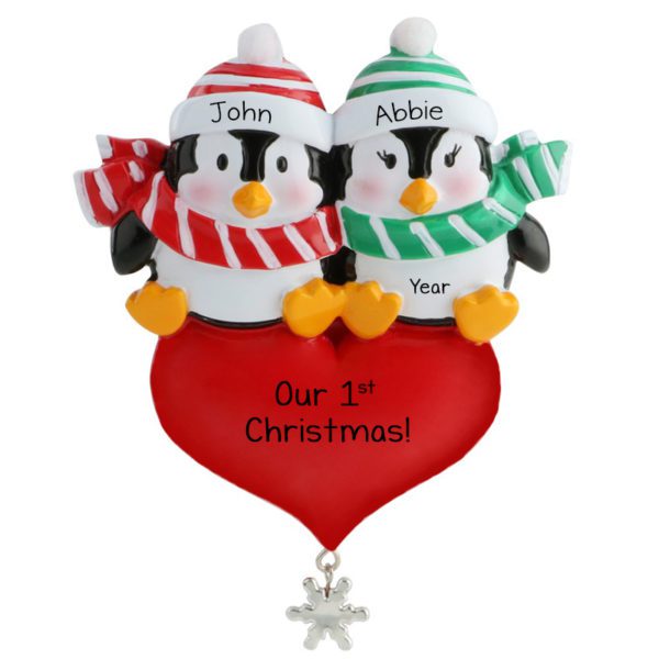Personalized Penguin Couple 1st Christmas Together Red Heart Ornament
