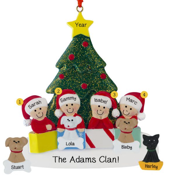 Personalized Family Of 4 With 4 Pets Glittered Tree Ornament
