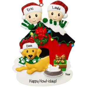 Personalized Festive Couple And Dog Red Doghouse Ornament