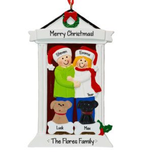Personalized Festive Door Couple With 2 Pets Ornament BLONDE
