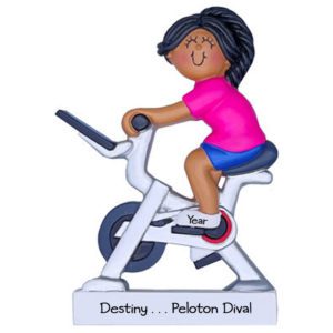 Personalized FEMALE On Peloton Exercise Bike Ornament AFRICAN AMERICAN