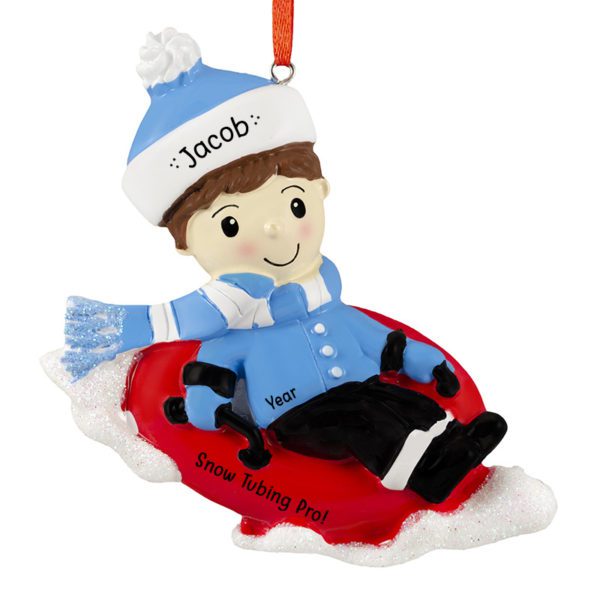 Personalized Little Boy Snow Tubing Glittered Ornament