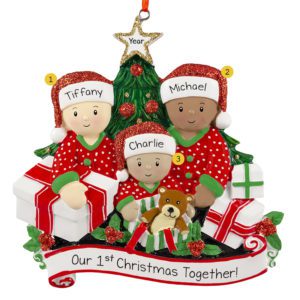 Mixed Race Family of 3 First Christmas Together Personalized Ornament