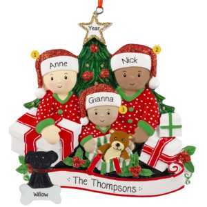 Image of Mixed Race Family of 3 Opening Presents With Pet Personalized Ornament