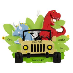 Personalized Two Dino-Mite Grandkids Yellow Jeep Ornament