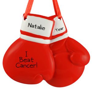Personalized I Beat Cancer RED Boxing Gloves Ornament