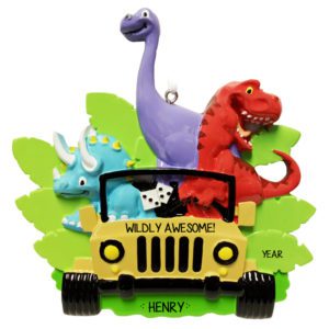 Personalized Wildly Awesome Dinosaurs In Yellow Jeep Ornament