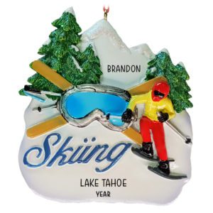 Personalized Skier On Slope Glittered Trees Ornament