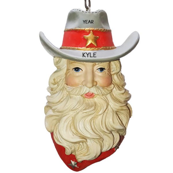 Personalized Western Cowboy Santa Head Totally Dimensional Ornament