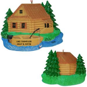 Personalized Cabin On Lake With Boat Two-Sided ornament