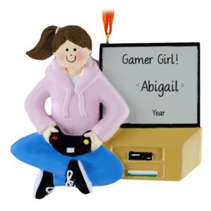 GIRL Personalized Video Gamer Ornament BRUNETTE PINK