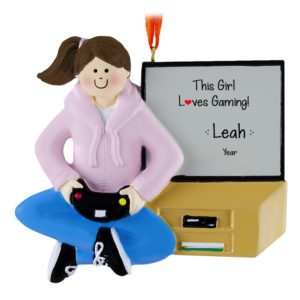 Personalized GIRL Loves Video Games Ornament BRUNETTE PINK
