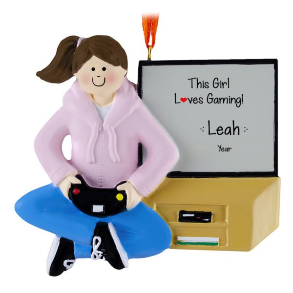 Personalized GIRL Loves Video Games Ornament BRUNETTE PINK