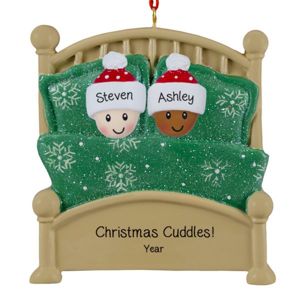 Interracial Couple Cuddled In Glittered Green Bed Personalized Ornament