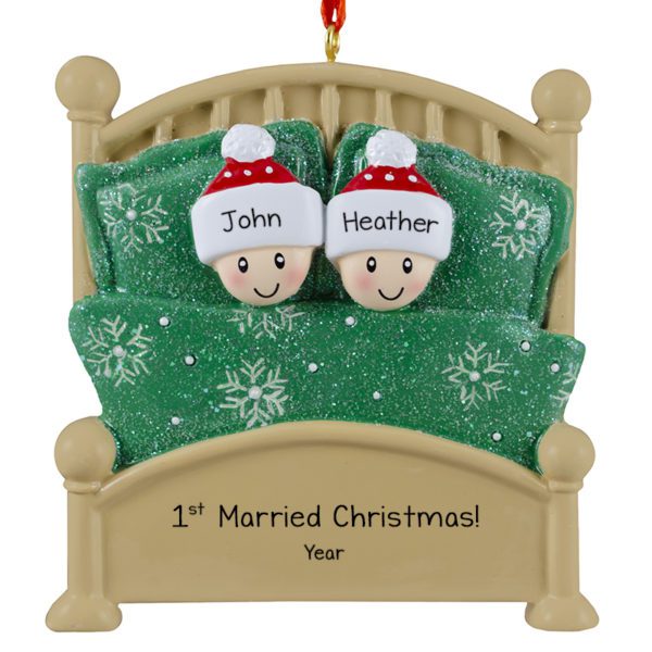 Personalized 1st Married Christmas Couple In Glittered Green Bed Ornament