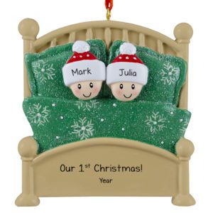 Personalized 1st Christmas Together Couple In Glittered Green Bed Ornament