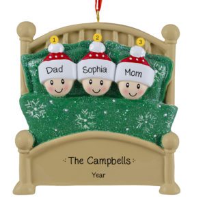 Image of Personalized Cuddling Family Of 3 In Glittered Green Bed Ornament