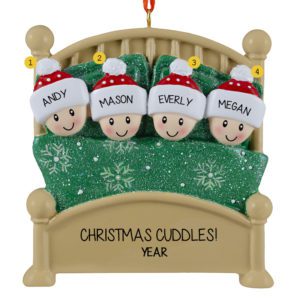 Personalized Cuddling Family Of 4 In Glittered Green Bed Ornament